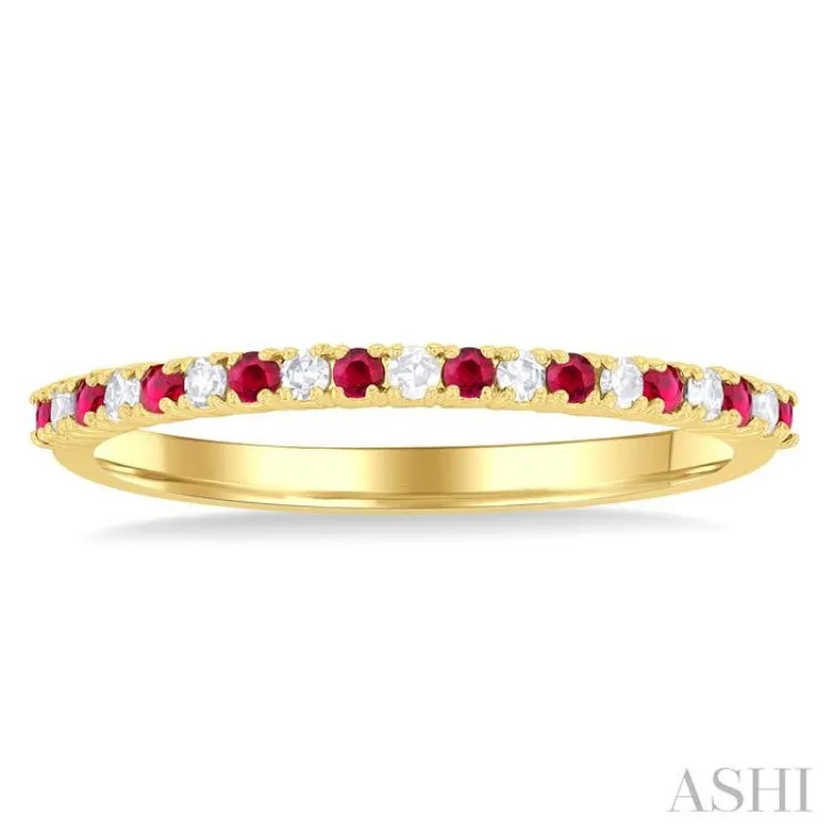 1/0 Ctw Petite 1.35 MM Ruby and Round Cut Diamond Precious Stack Band in 10K Yellow Gold