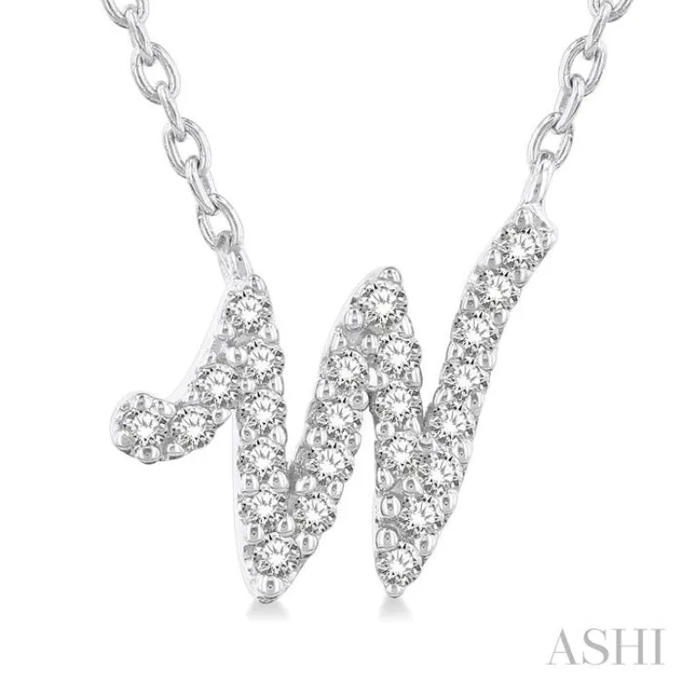 1/10 Ctw Initial 'W' Round cut Diamond Pendant With Chain in 14K White Gold