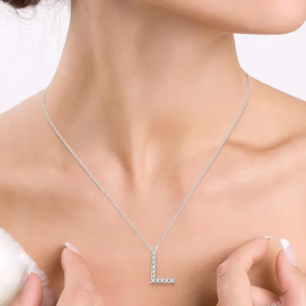 1/20 ctw Initial 'L' Round Cut Diamond Pendant With Chain in 10K White Gold