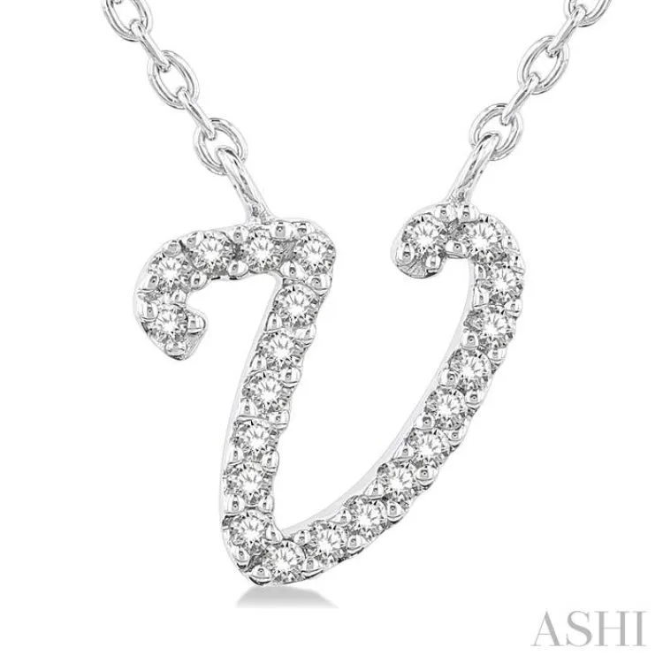 1/20 Ctw Initial 'V' Round cut Diamond Pendant With Chain in 10K White Gold