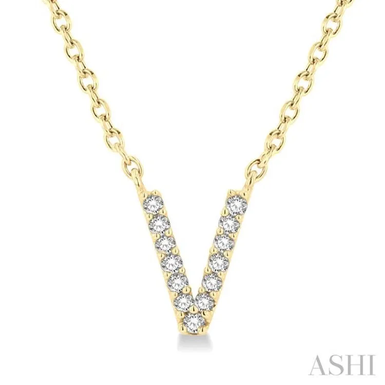 1/20 Ctw Initial 'V' Round Cut Diamond Pendant With Chain in 14K Yellow Gold