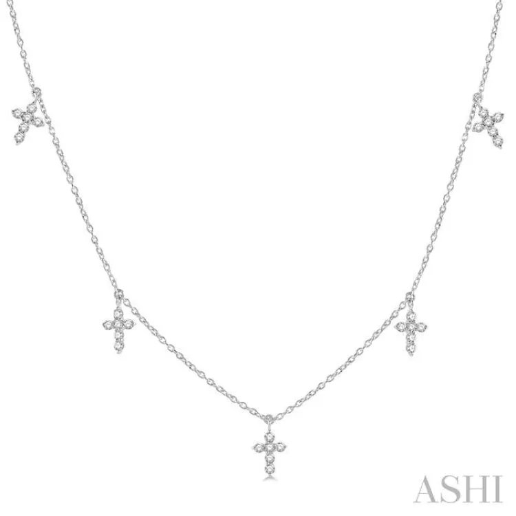 1/3 Ctw Cross Charm Round Cut Diamond Station Necklace in 14K White Gold