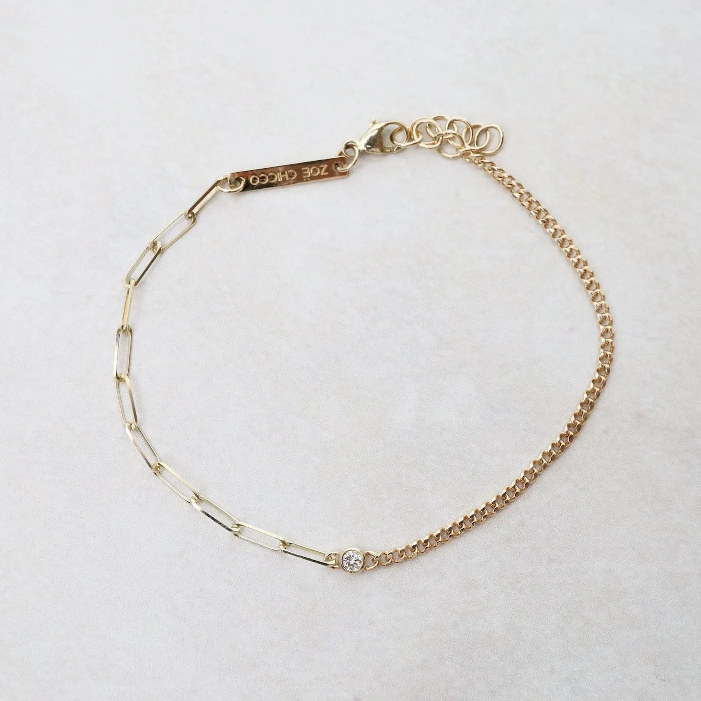 14K Diamond Bezel Mixed Paperclip & Curb Chain Bracelet