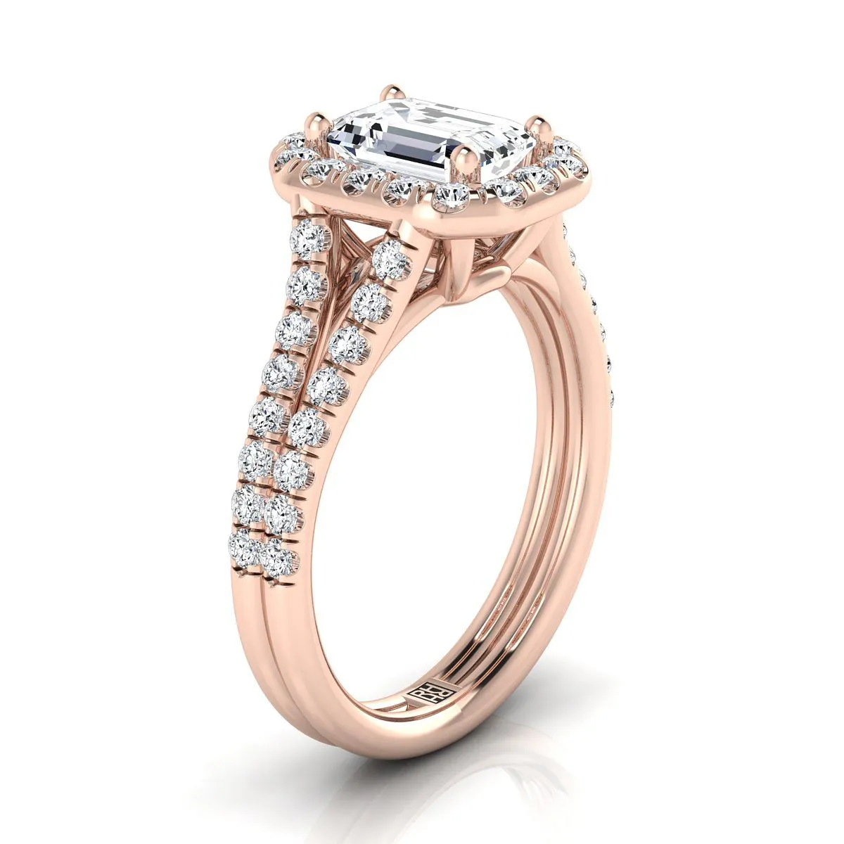 14K Rose Gold Emerald Cut Diamond French Pave Split Shank Halo Engagement Ring -5/8ctw