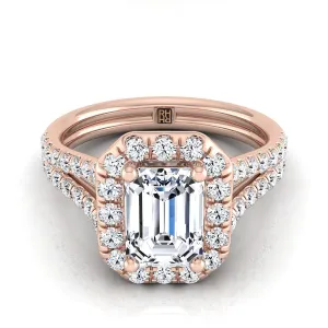 14K Rose Gold Emerald Cut Diamond French Pave Split Shank Halo Engagement Ring -5/8ctw