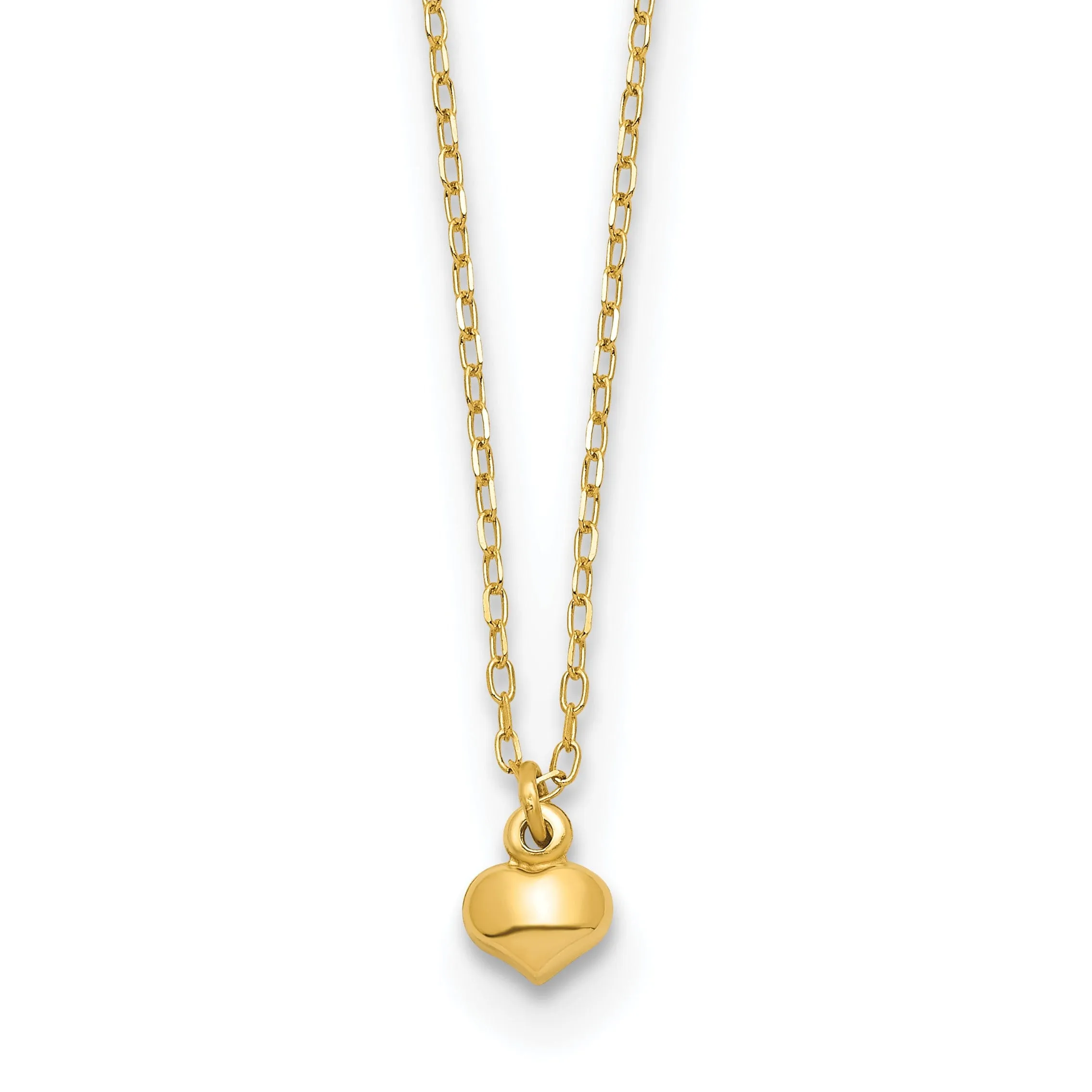 14k Yellow Gold Polished Finish Hollow Puffed Heart 16.5 inch Cable Chain Necklace