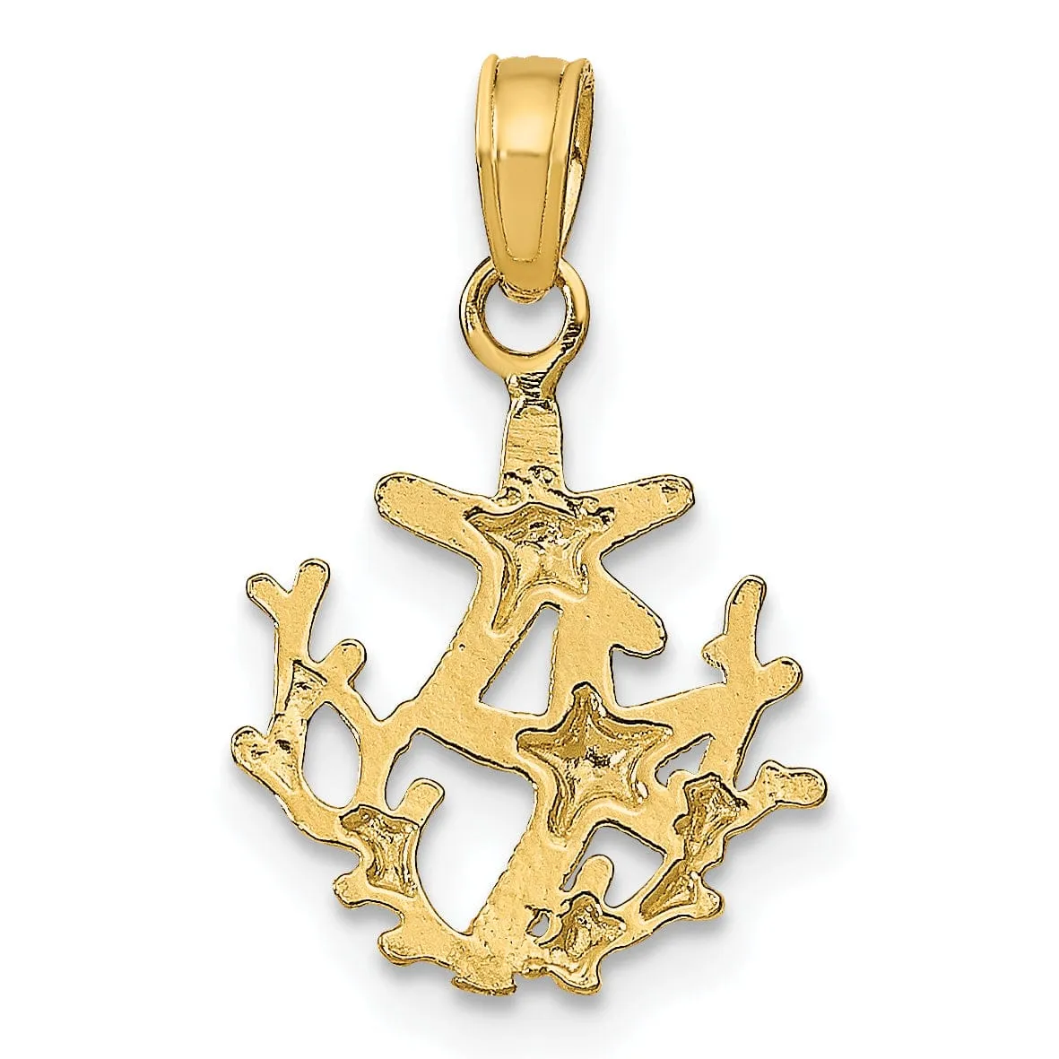 14K Yellow Gold Solid Textured Polished Finish Mini Double Starfish and Coral Design Charm Pendant