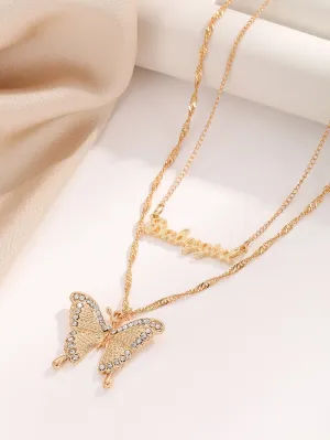 2pcs Rhinestone Decor Butterfly & Letter Charm Necklace for Women Girls