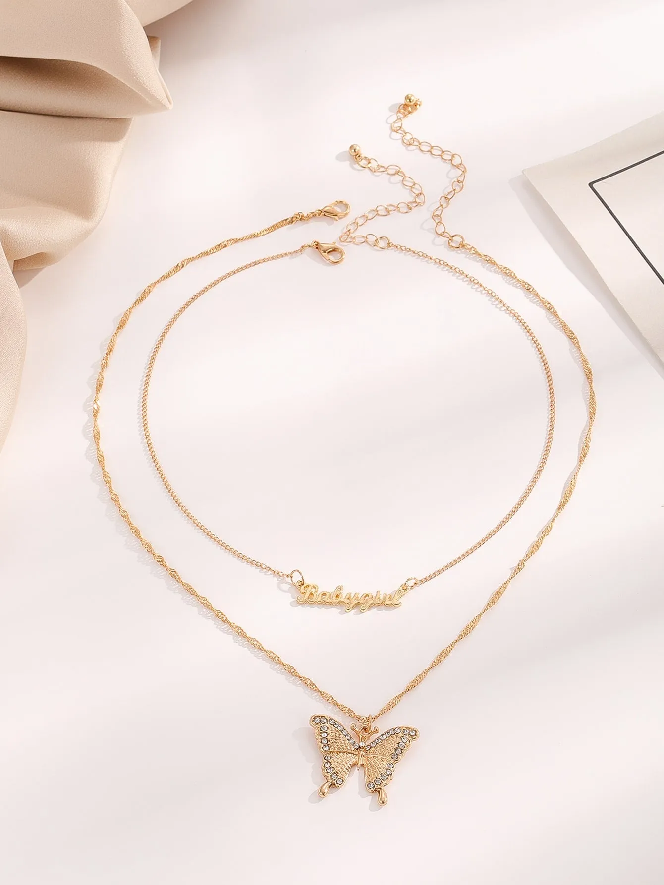 2pcs Rhinestone Decor Butterfly & Letter Charm Necklace for Women Girls