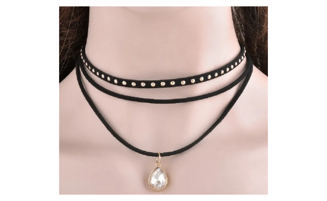 3 Layers Black Ribbon Bib Chocker Necklace For Women