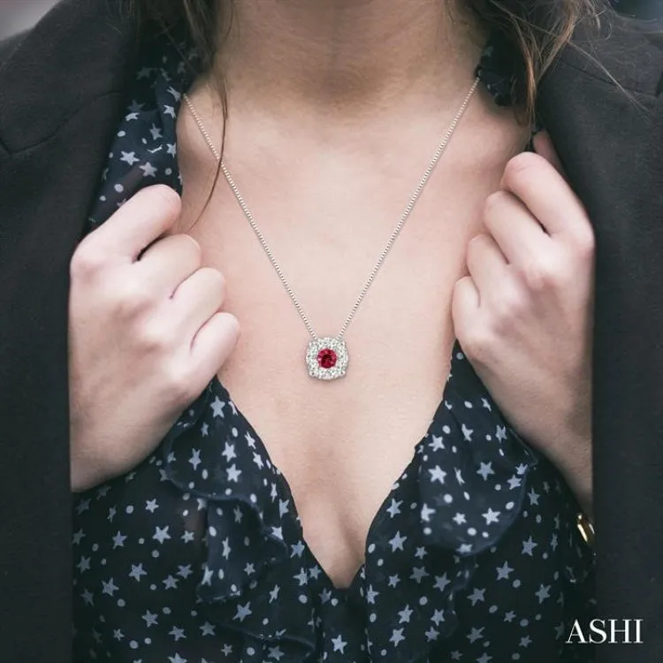 3.8 mm Round Cut Ruby and 1/3 Ctw Lovebright Pendant in 14K White Gold with Chain