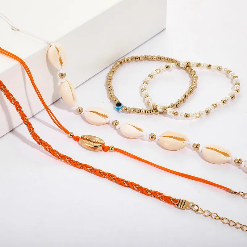 5Pcs/set Trendy Shell Pearl Anklet for Women