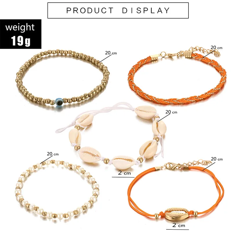 5Pcs/set Trendy Shell Pearl Anklet for Women