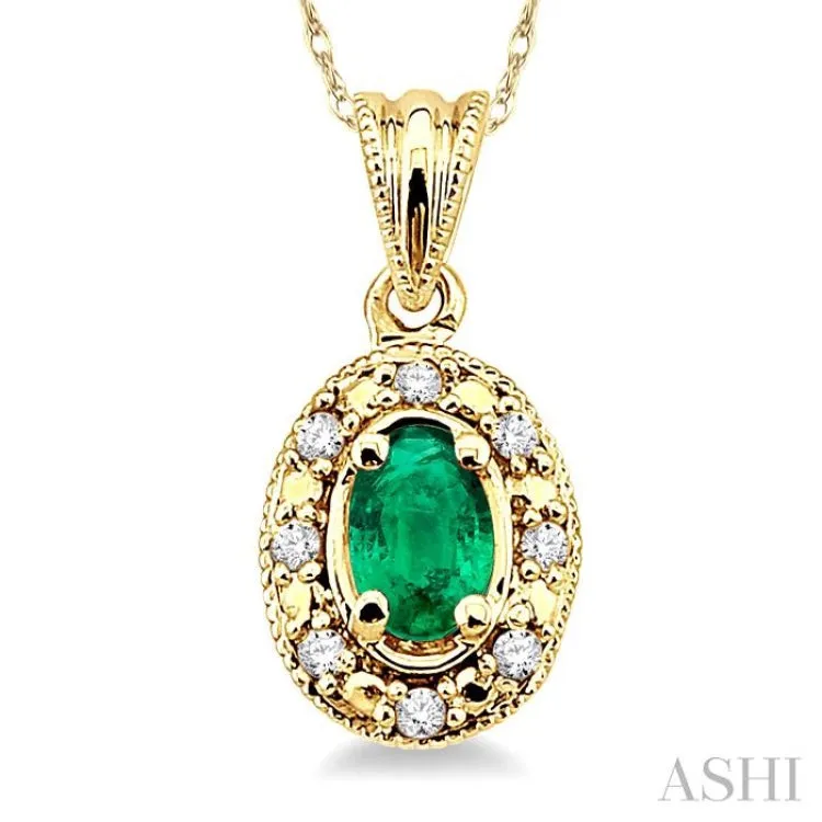 5x3 MM Oval Shape Emerald and 1/20 Ctw Single Cut Diamond Pendant in 10K Yellow Gold with Chain