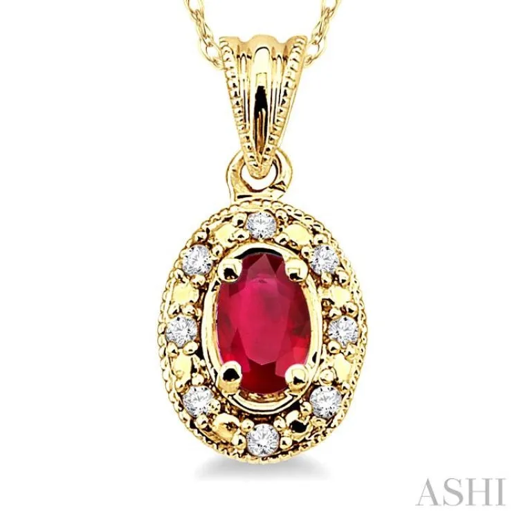 5x3 MM Oval Shape Ruby and 1/20 Ctw Single Cut Diamond Pendant in 10K Yellow Gold with Chain