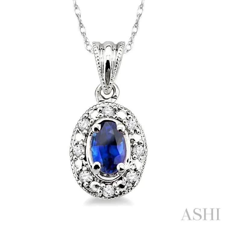 5x3 MM Oval Shape Sapphire and 1/20 Ctw Single Cut Diamond Pendant in 10K White Gold with Chain