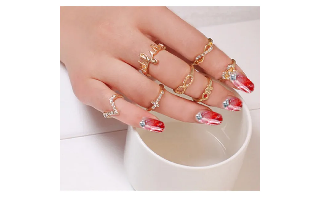 7 pcs Women's Rhinestone Bowknot,Knuckle,Midi,Mid Finger Tip Rings Set