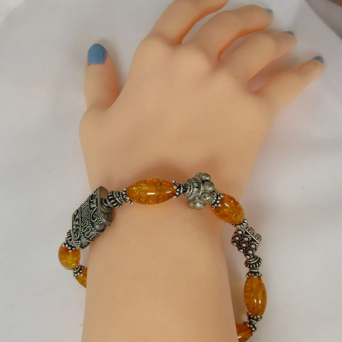 Amber Artisan Bead Bead & Sterling Silver Handmade Bracelet