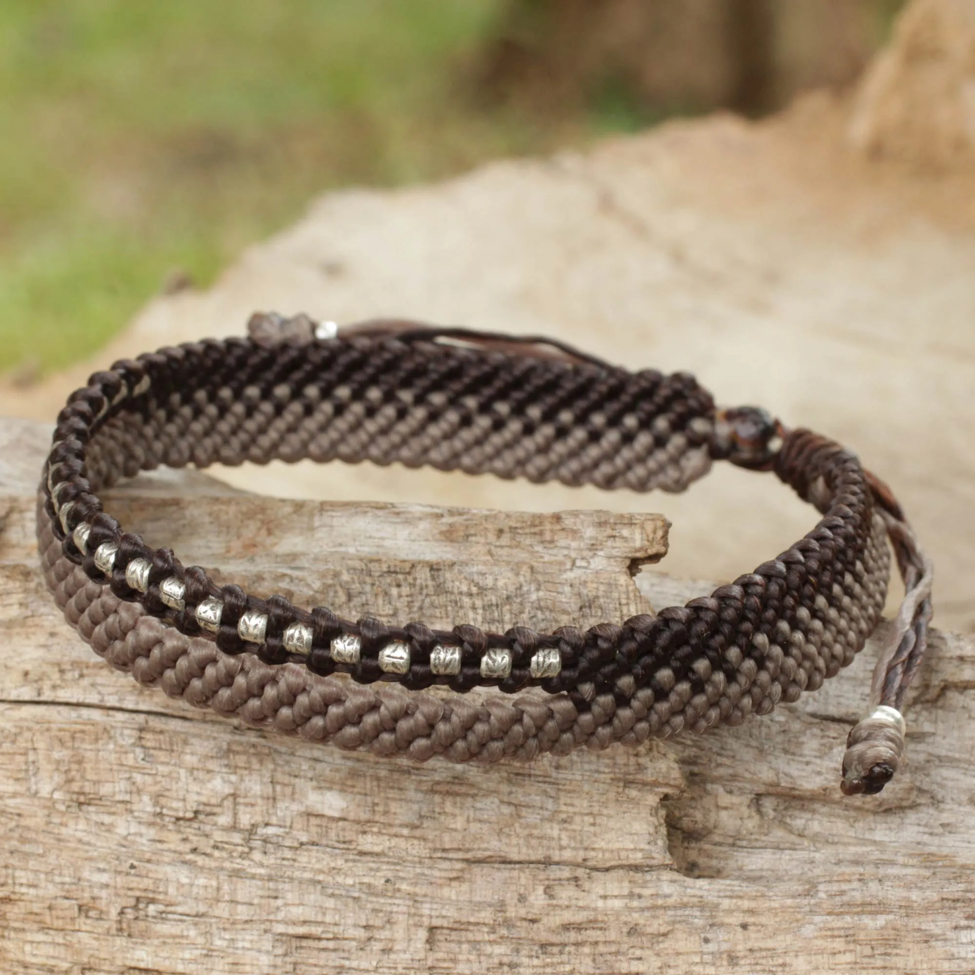 Amity in Brown and Taupe Hand-Knotted Cord Bracelet with 950 Silver Accents