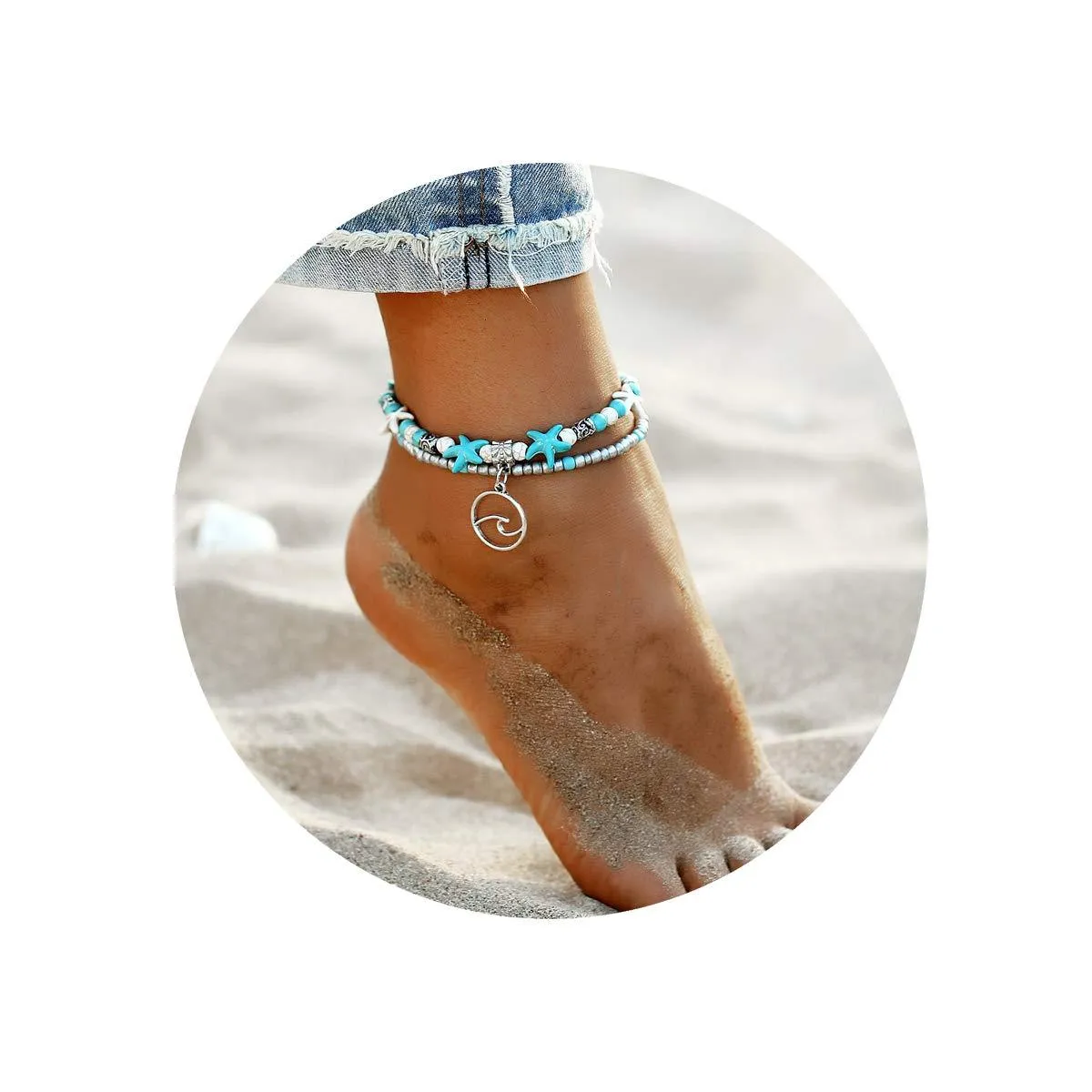 ASHMITA Blue Turtle Ankle Bracelet Set Multilayer Beads Handmade Boho Beach Anklet Foot Jewelry Women Set of E