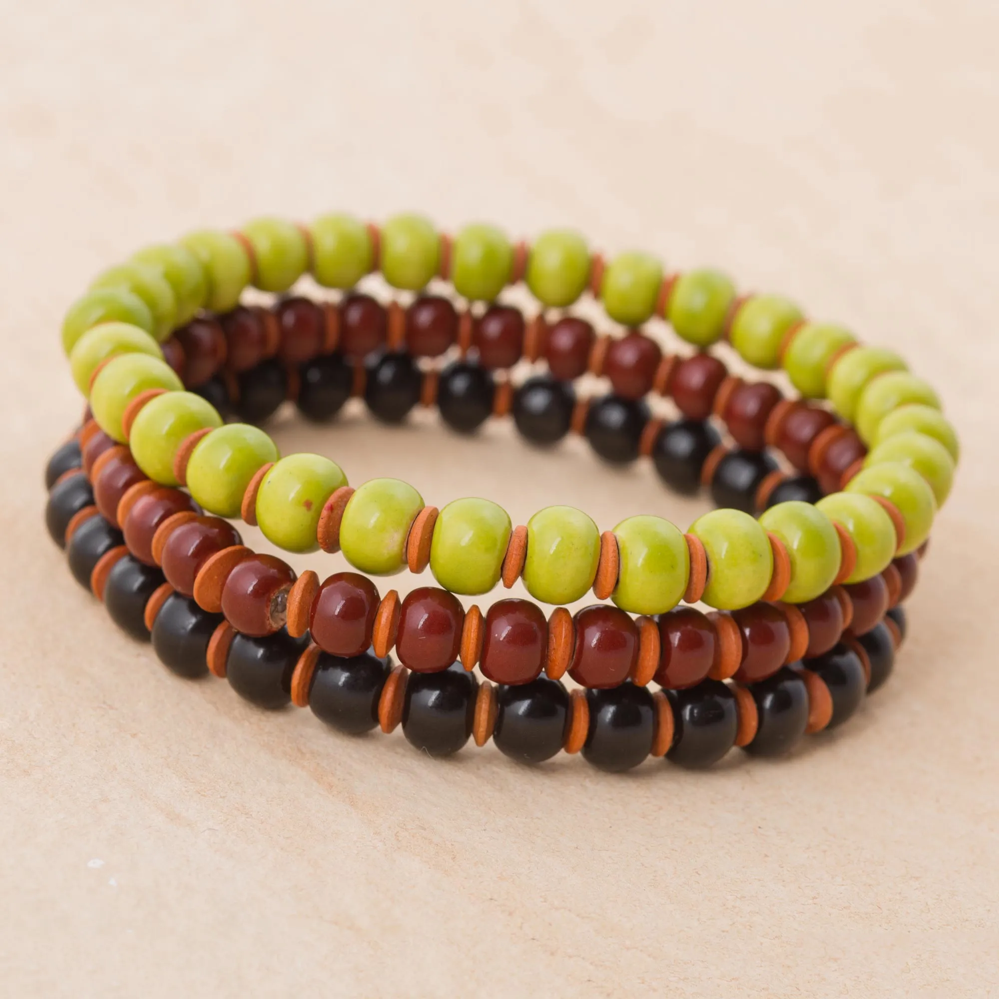 Autumn Spirit Three Ceramic Bracelets in Chartreuse Russet and Black