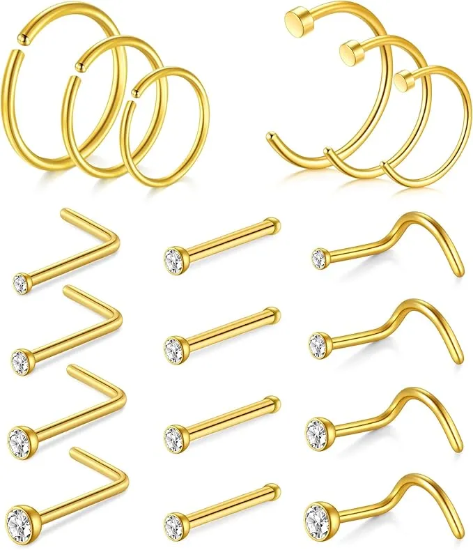 AVYRING Nose Rings Hypoallergenic Stainless Steel L-Shaped Nose Stud Screws with CZ Nose Jewellery 22G 20G 18G, Pack of 18 Pieces or 24 Pieces