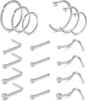 AVYRING Nose Rings Hypoallergenic Stainless Steel L-Shaped Nose Stud Screws with CZ Nose Jewellery 22G 20G 18G, Pack of 18 Pieces or 24 Pieces