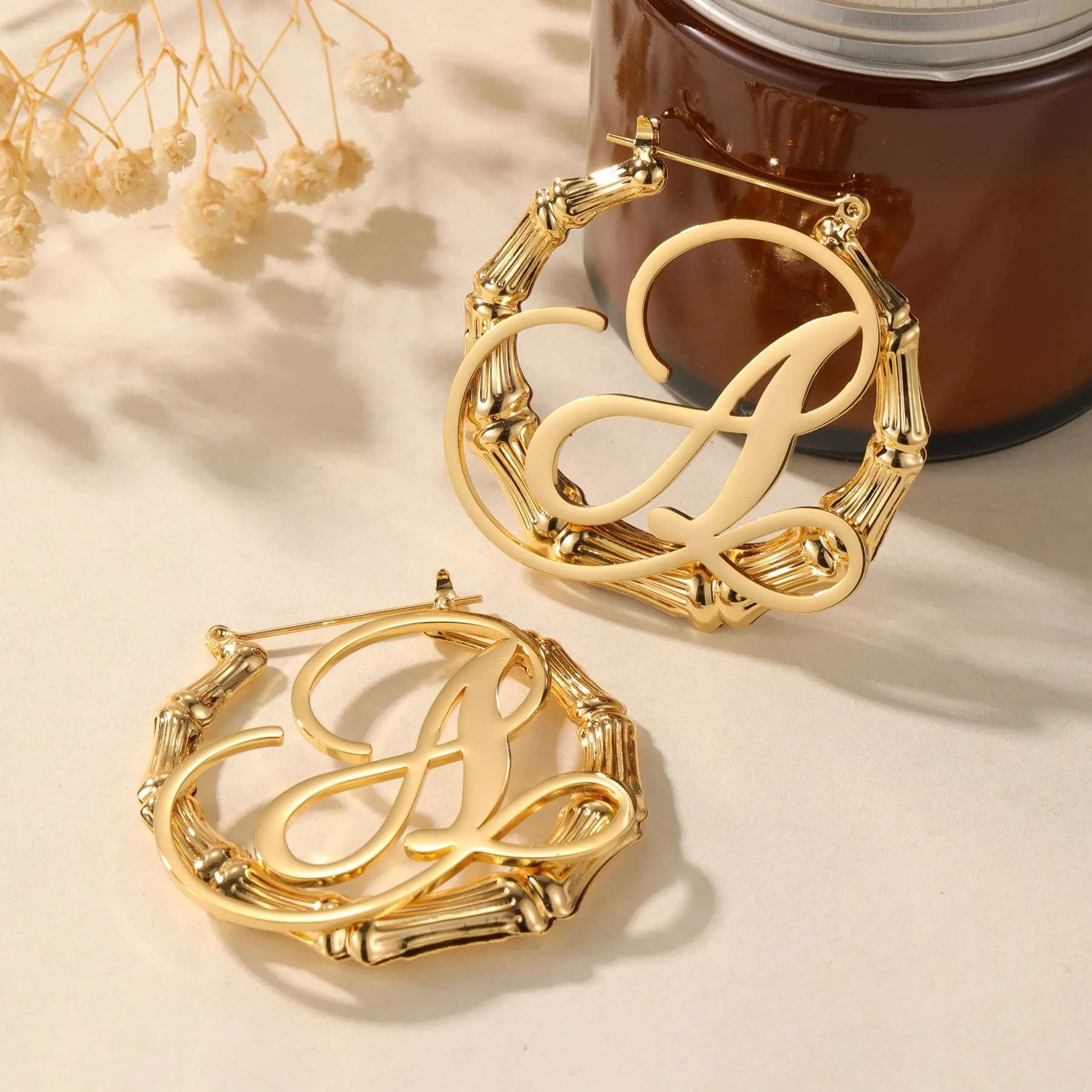 Bamboo Initial Hoop Earrings