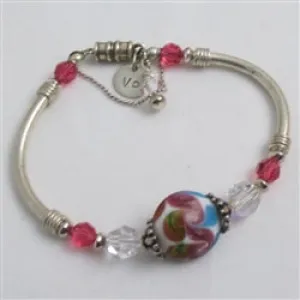 Bangle Bracelet in Handmade Rose and Turquoise Swirled Beads