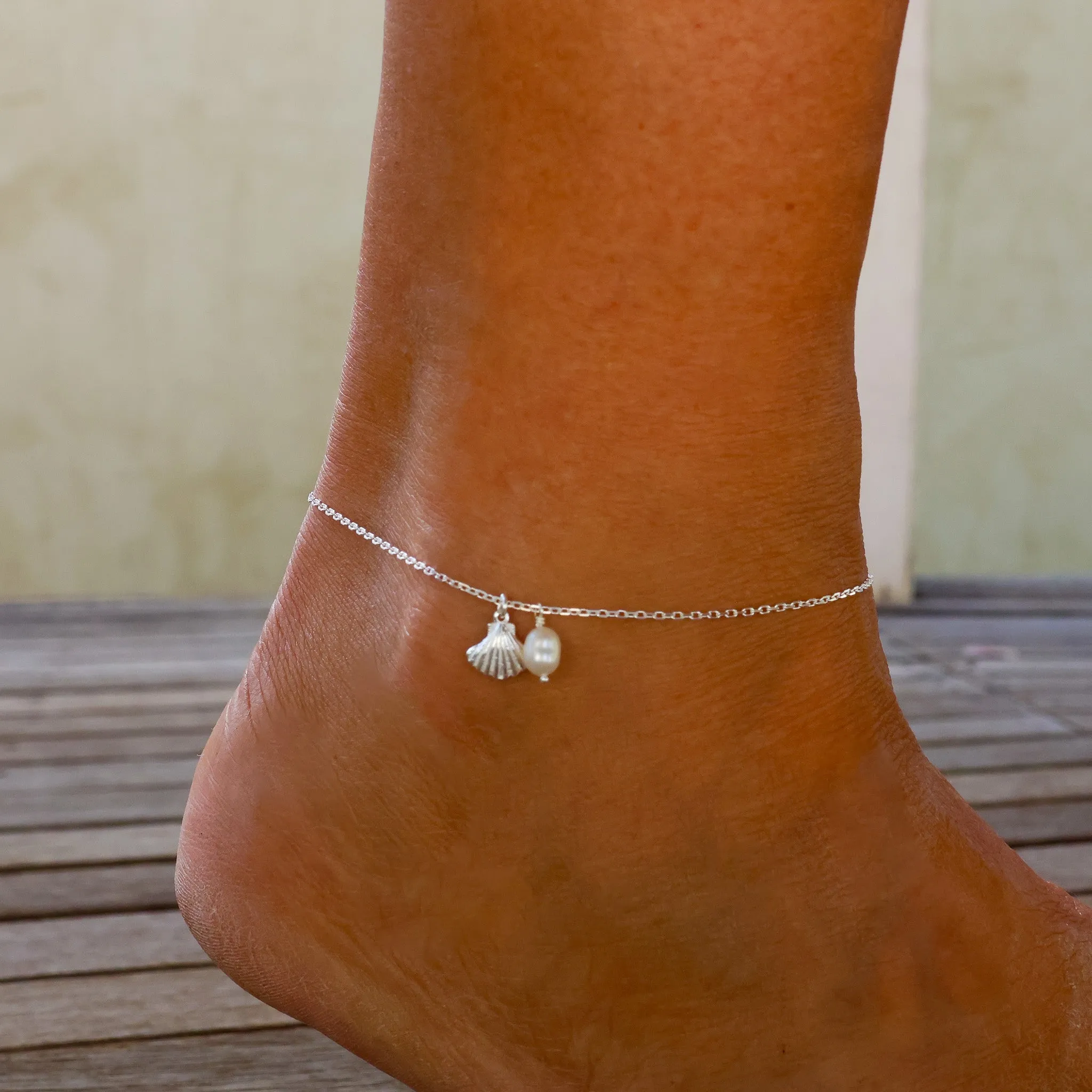 Beach Love Shell Pearl Silver Anklet