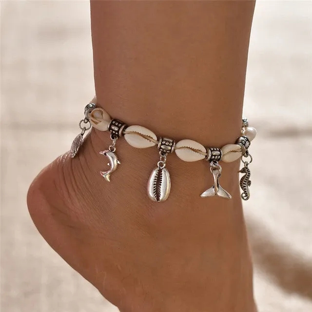 Boho Shell Rope Anklets For Women Crystal Beads Charm Anklet