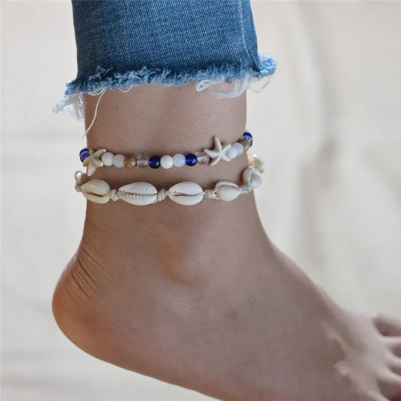 Boho Shell Rope Anklets For Women Crystal Beads Charm Anklet