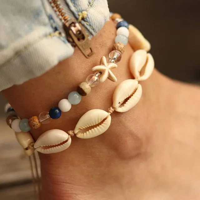 Boho Shell Rope Anklets For Women Crystal Beads Charm Anklet