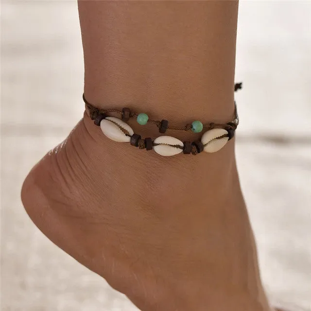 Boho Shell Rope Anklets For Women Crystal Beads Charm Anklet