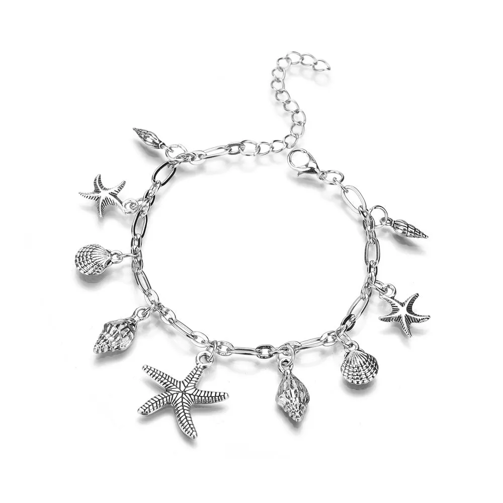 Boho Silver Plated Starfish Conch Pendant Metal Anklet Bracelet