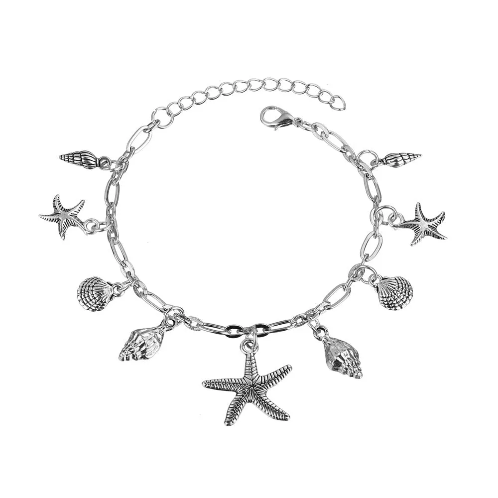 Boho Silver Plated Starfish Conch Pendant Metal Anklet Bracelet