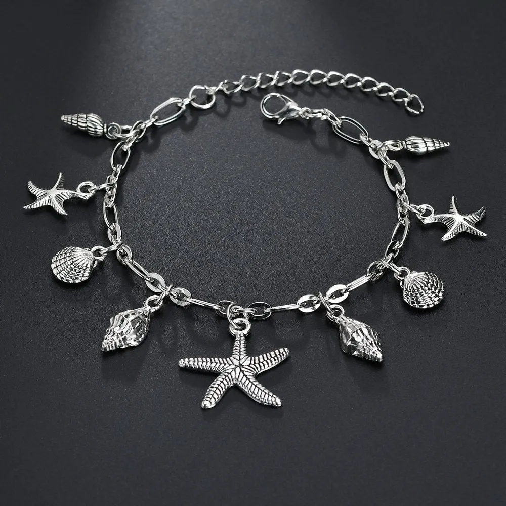 Boho Silver Plated Starfish Conch Pendant Metal Anklet Bracelet