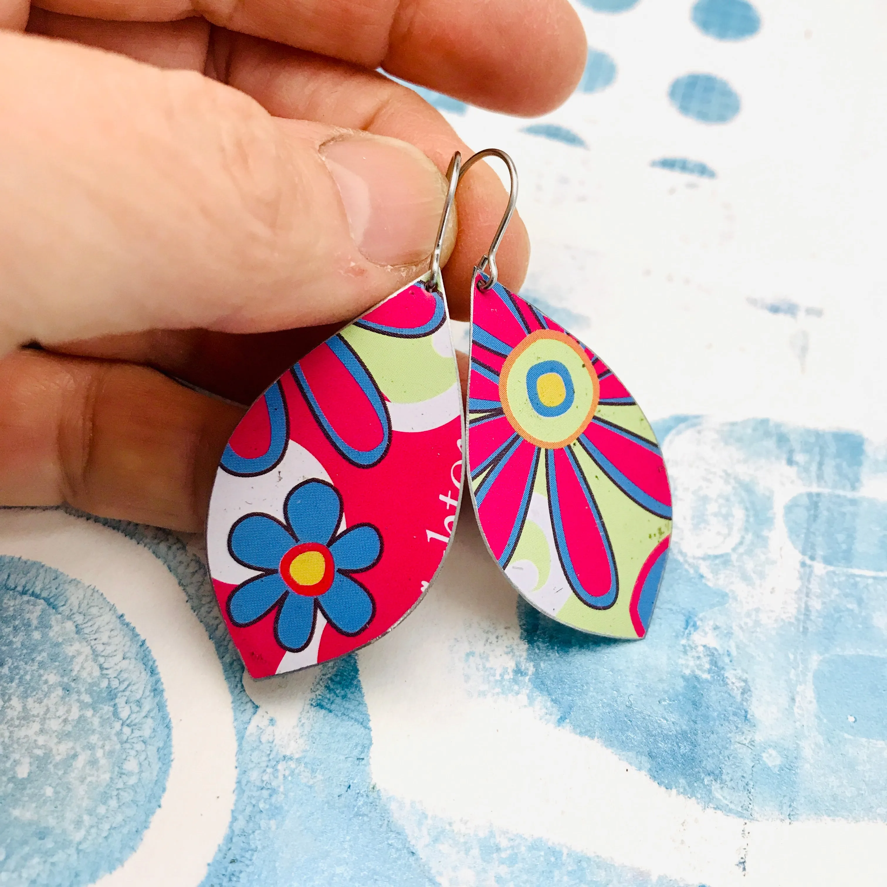 Bold Hot Pink Flowers Upcycled Pod Tin Earrings