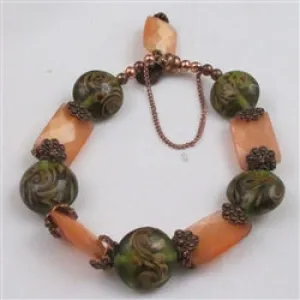 Bracelet in Copper, Peach Cat's Eyes and Olive Glass Bead