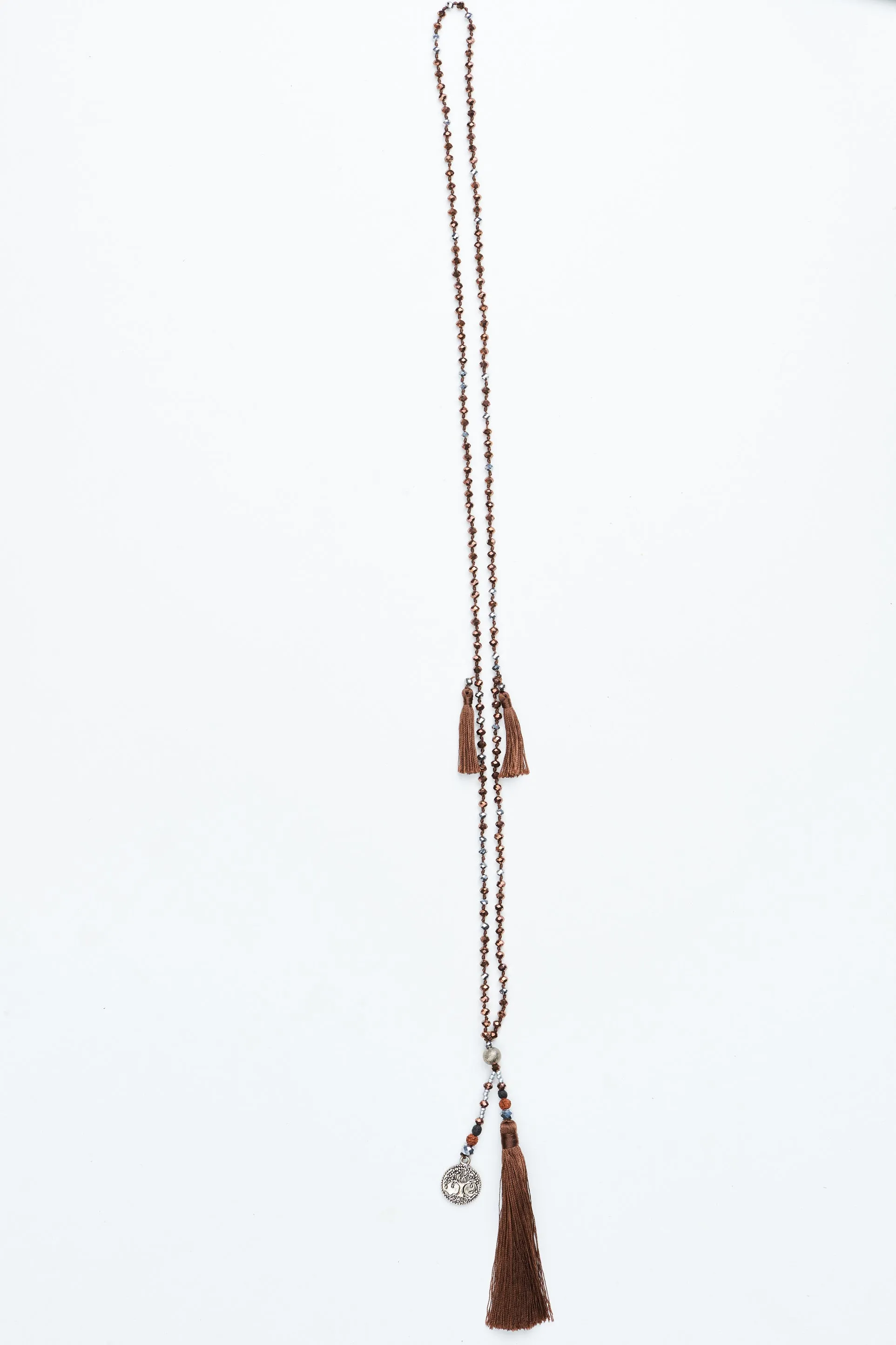 Brown Tree of Life Silver Coin and Tassel Necklace