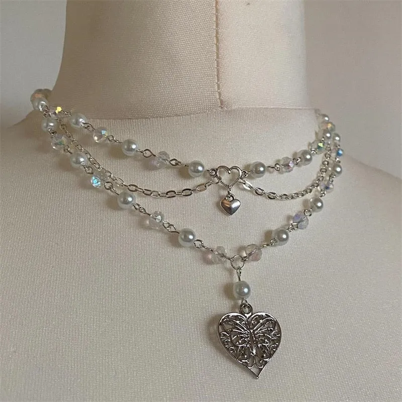 Butterfly Heart Pearl Fairycore Pendant Necklace