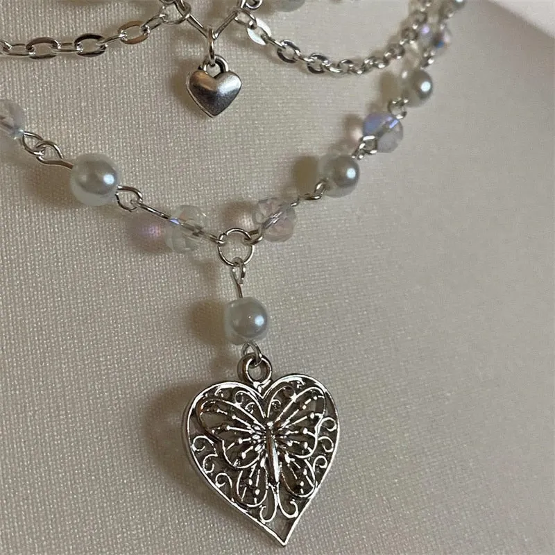 Butterfly Heart Pearl Fairycore Pendant Necklace