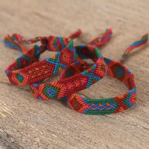 Colorful Cotton Wristband Bracelets from Mexico (Set of 3) - Deep Color | NOVICA