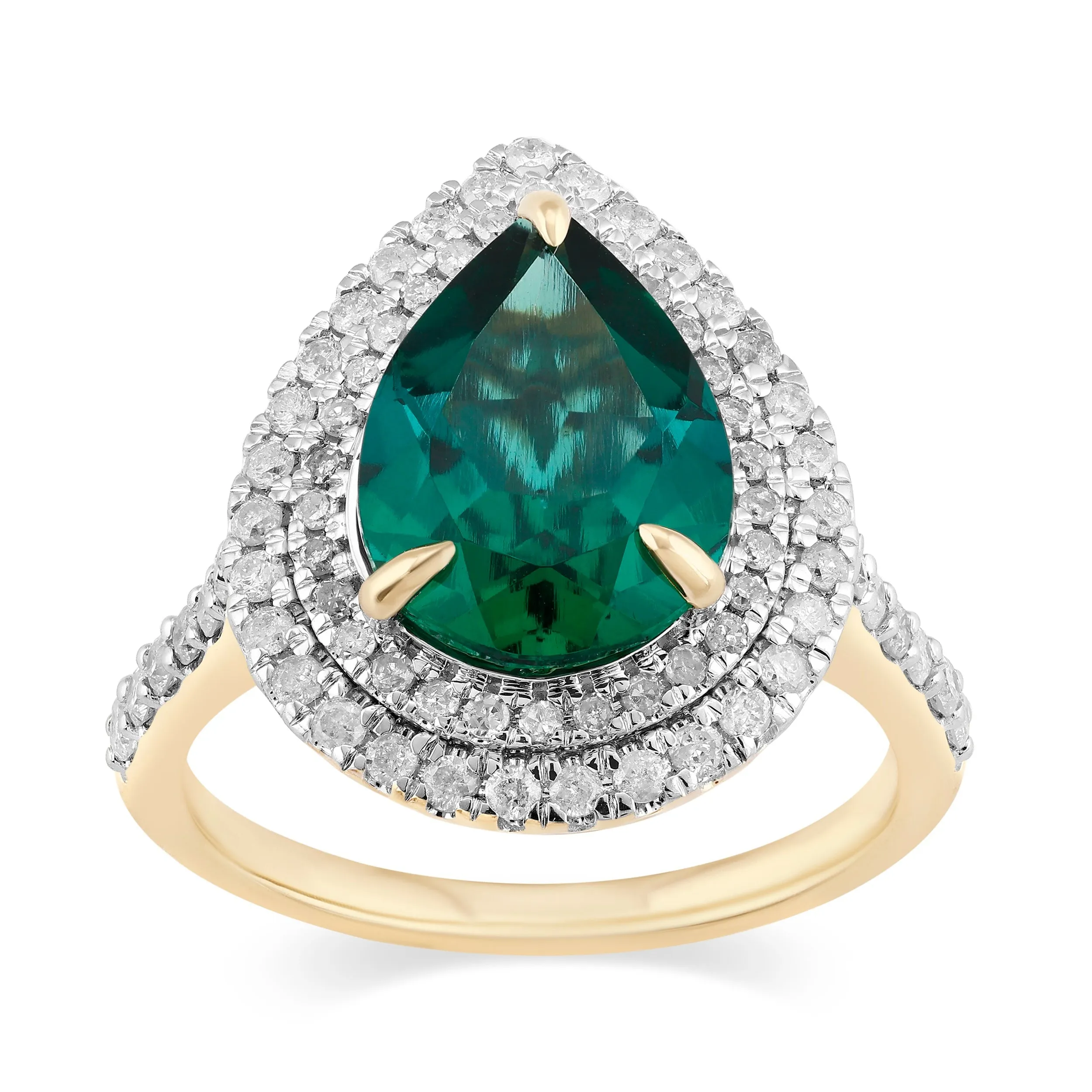 Created Emerald Pear Halo Ring with 0.60ct of Diamonds in 9ct Yellow Gold