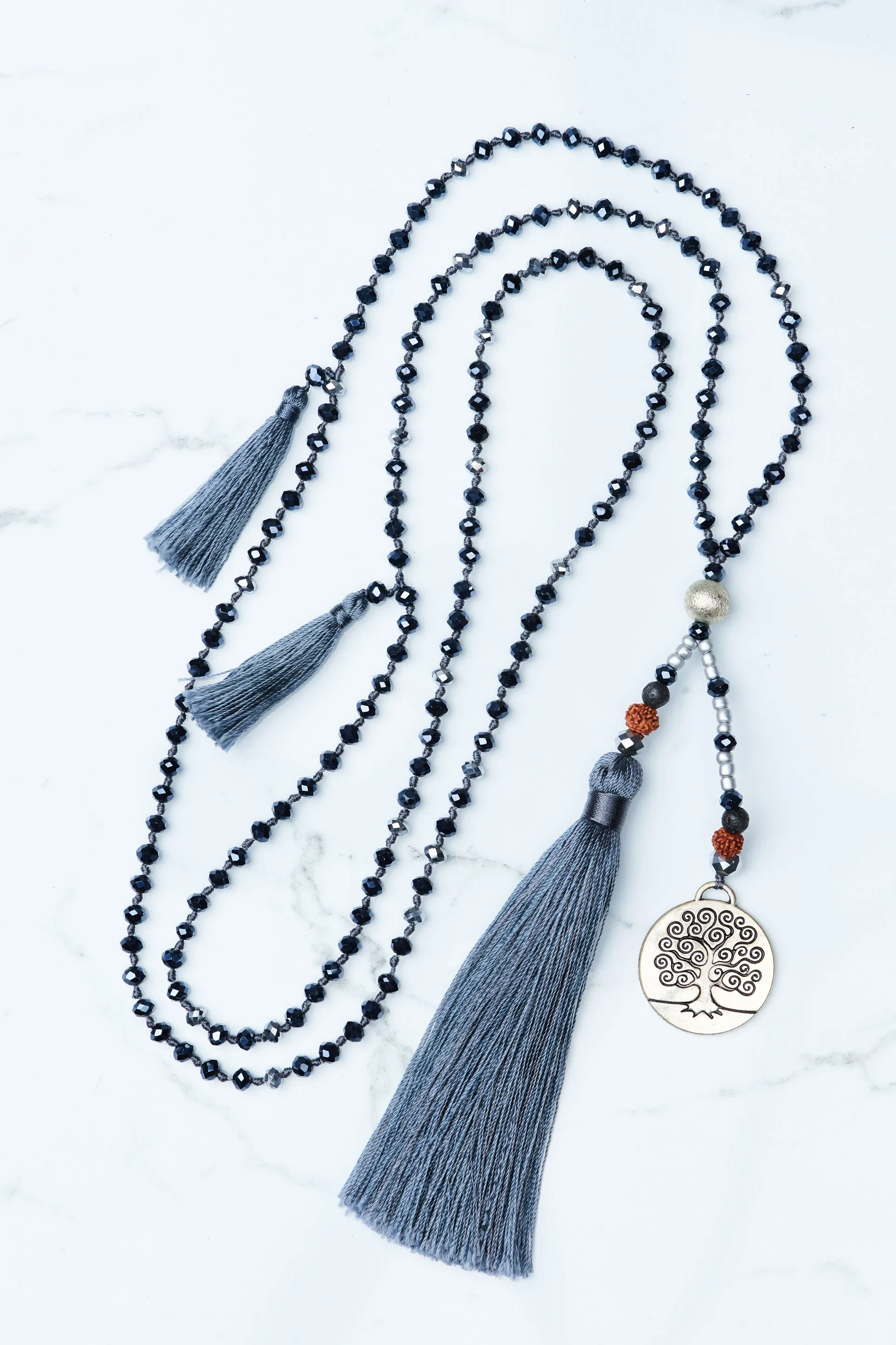 Dark Grey Tree of Life Silver Coin and Tassel  Necklace