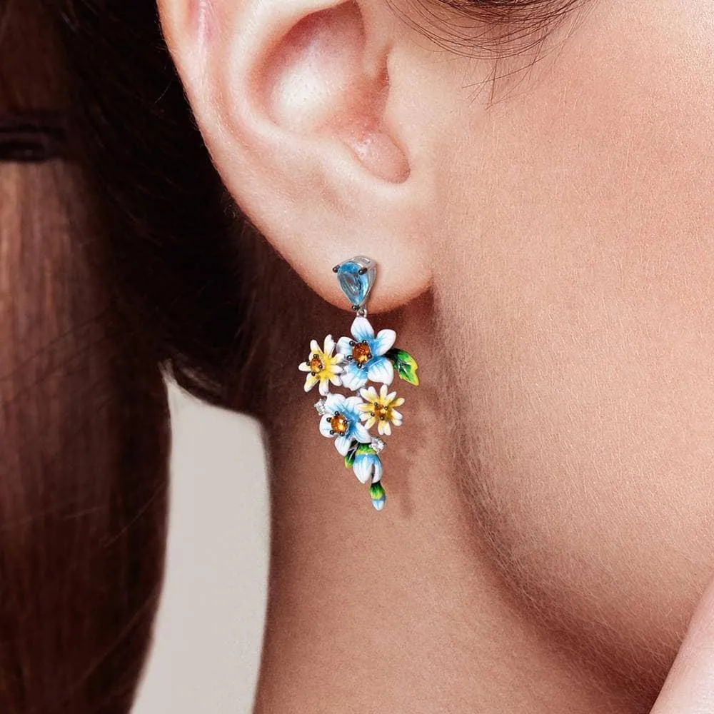 Delicate Blue & Yellow Enamel Flower Earrings with Diamond