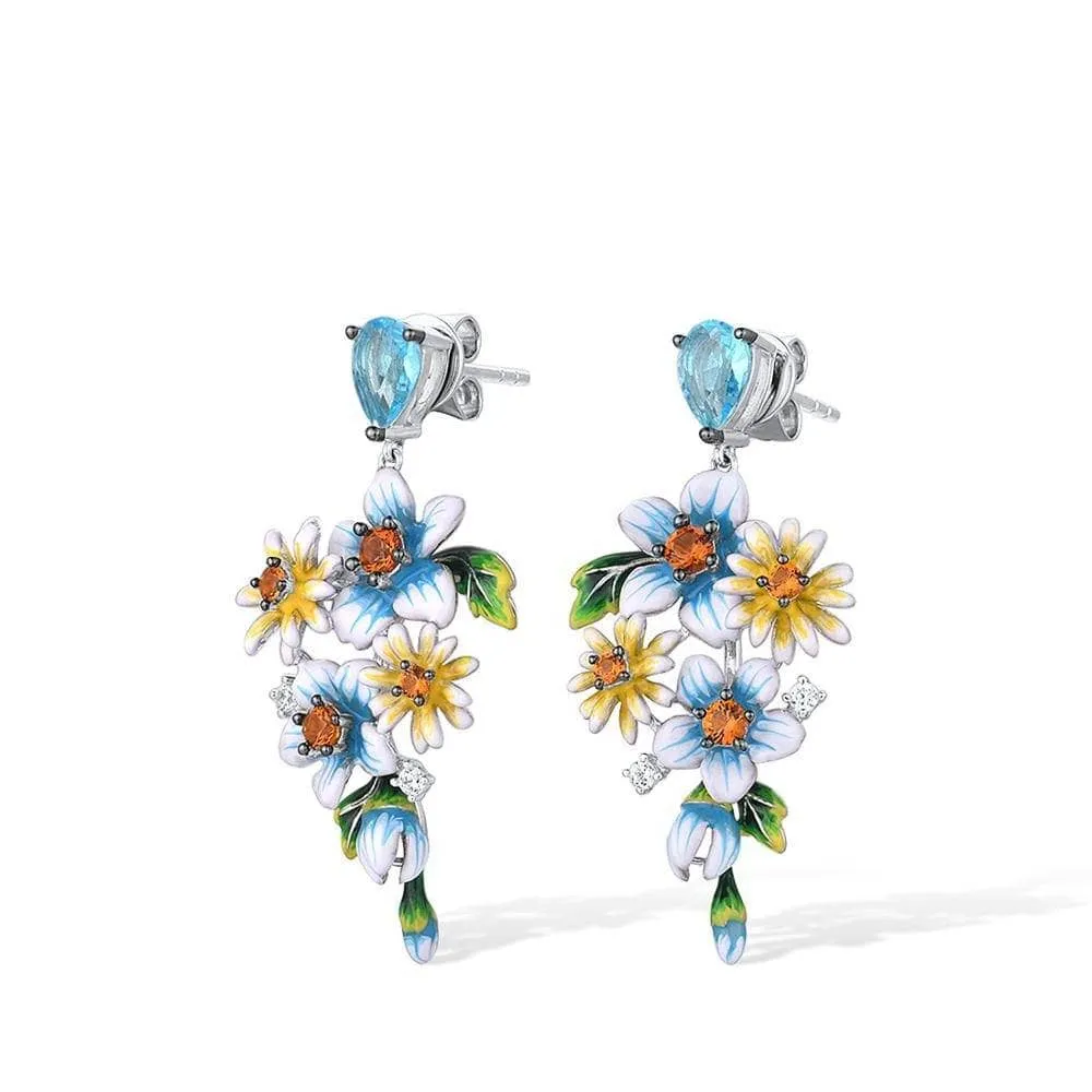 Delicate Blue & Yellow Enamel Flower Earrings with Diamond