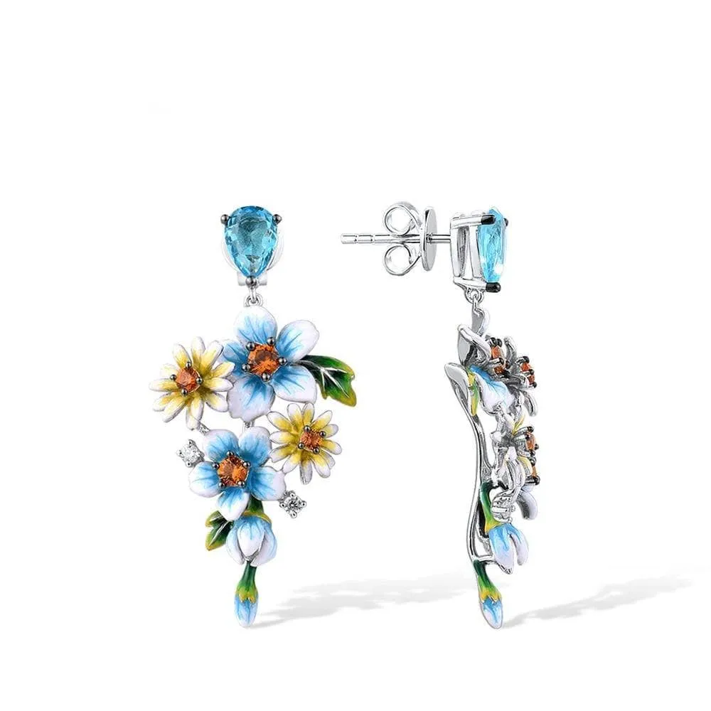 Delicate Blue & Yellow Enamel Flower Earrings with Diamond