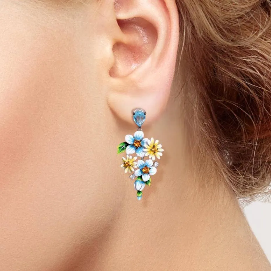 Delicate Blue & Yellow Enamel Flower Earrings with Diamond