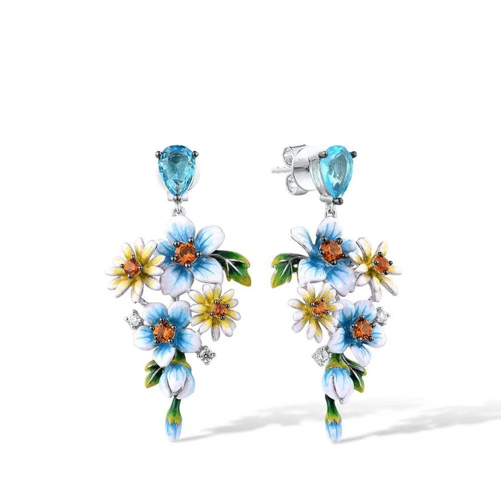 Delicate Blue & Yellow Enamel Flower Earrings with Diamond